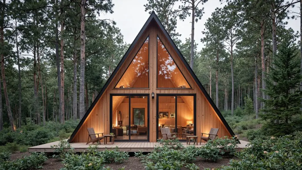 Large timber A-frame lodge with full-height glazing, set within a UK coniferous forest.