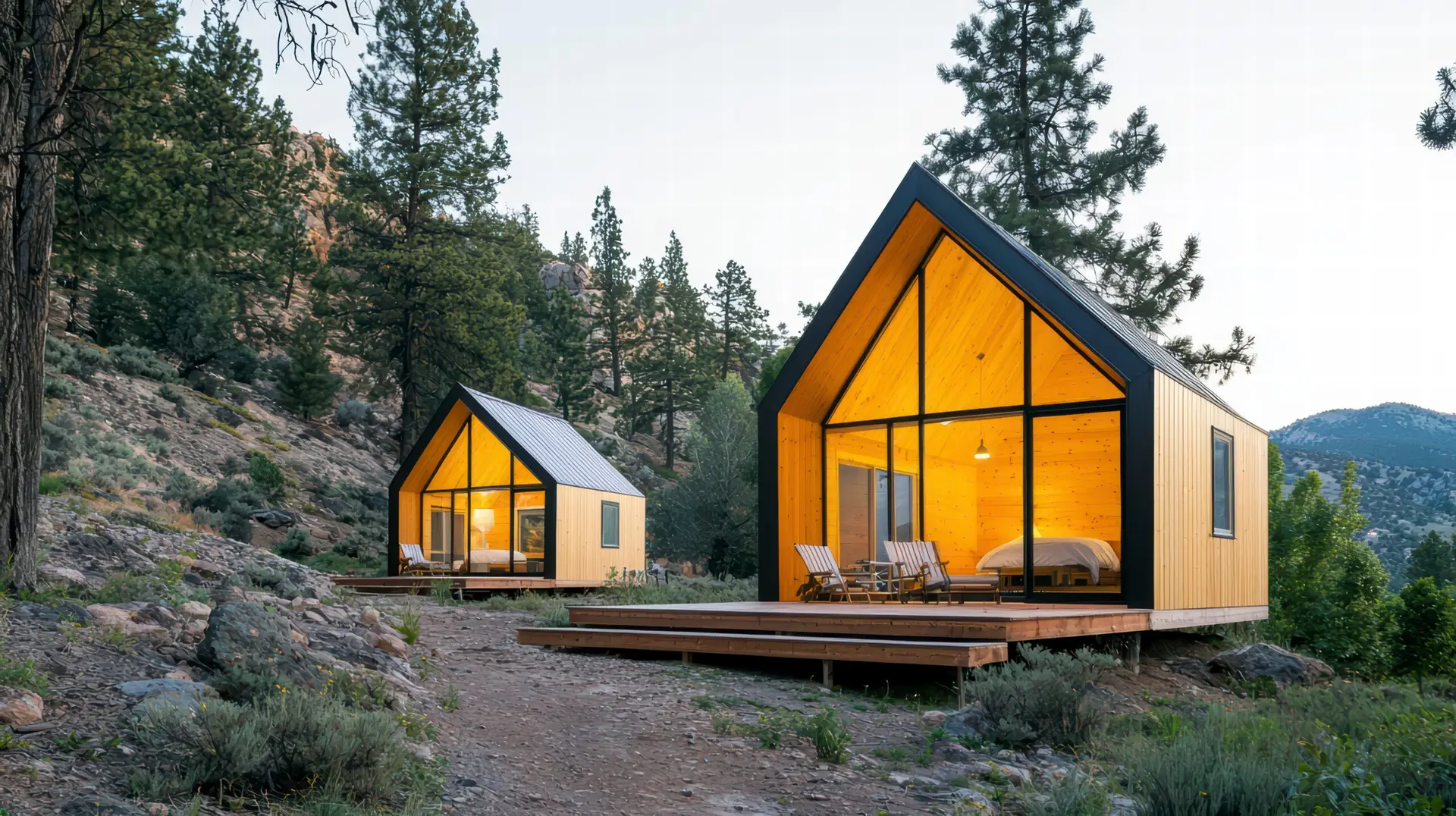 Two timber glamping pods with large glazed fronts, set among pine trees in the British countryside.