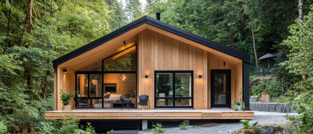 Mono-pitched timber lodge with large glazing and deck, located in a UK forest setting.