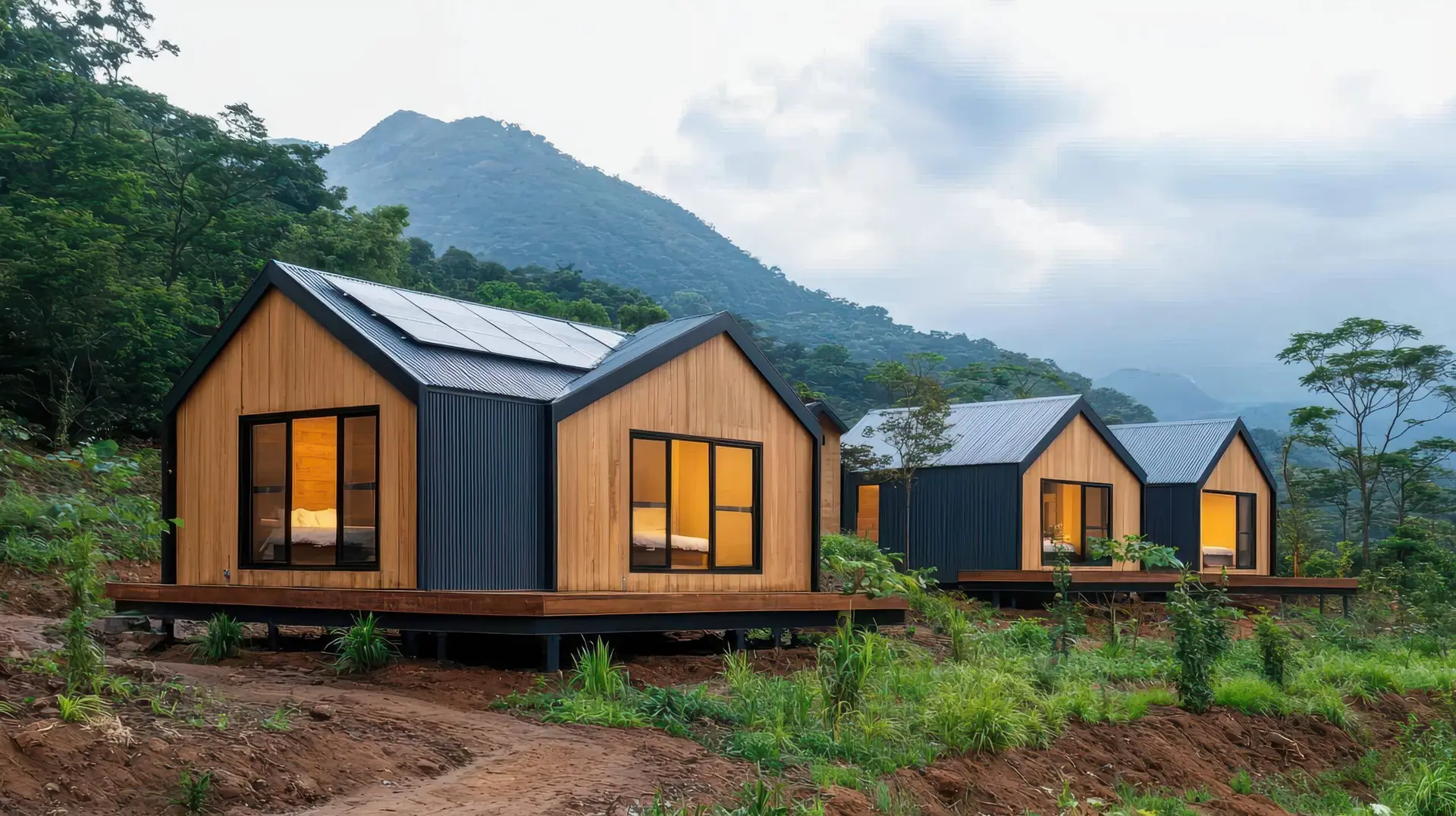 Three timber glamping cabins with black cladding and solar panels, set against a UK hillside backdrop.