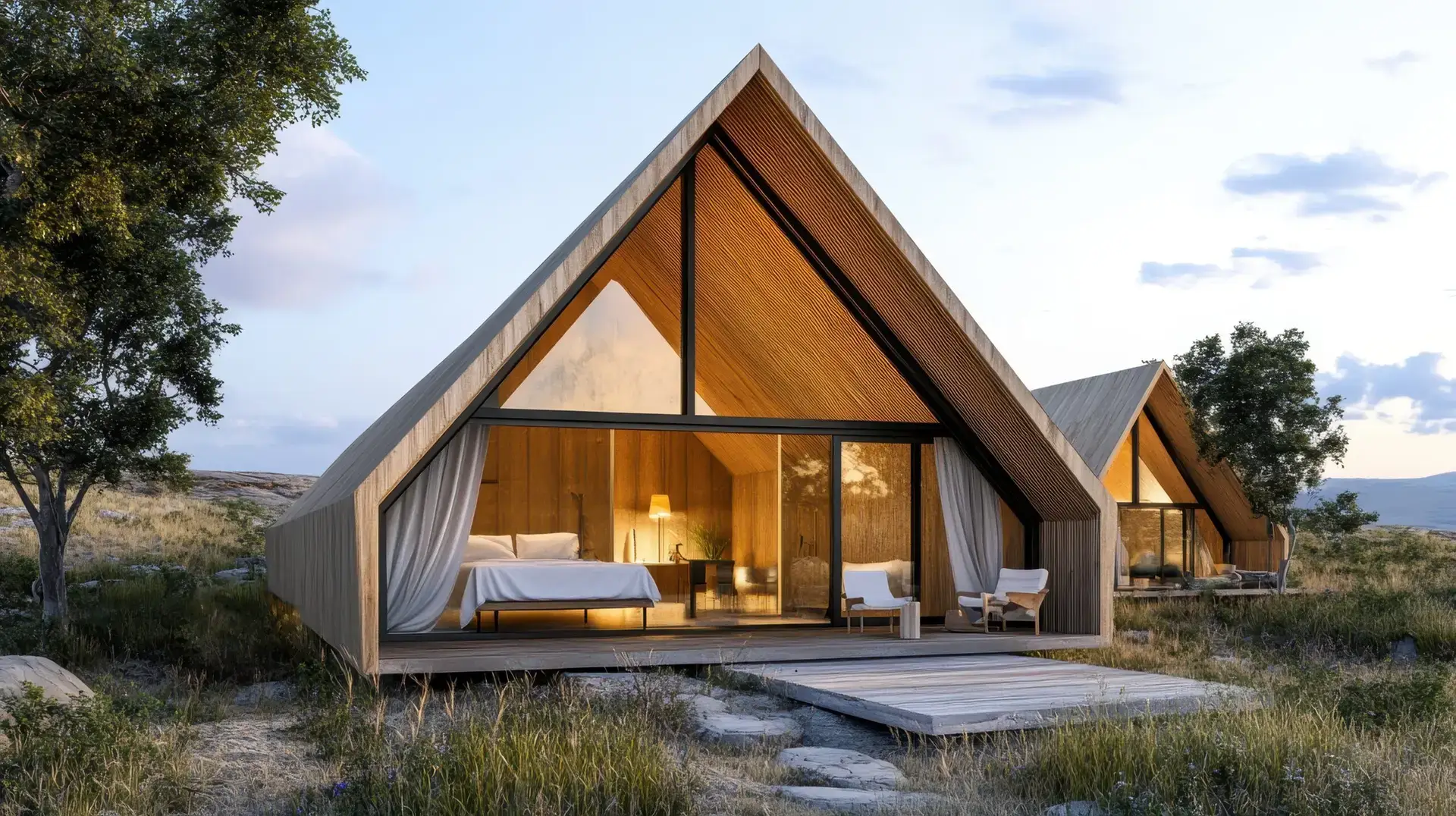 Modern A-frame glamping pod nestled in a tranquil natural setting.