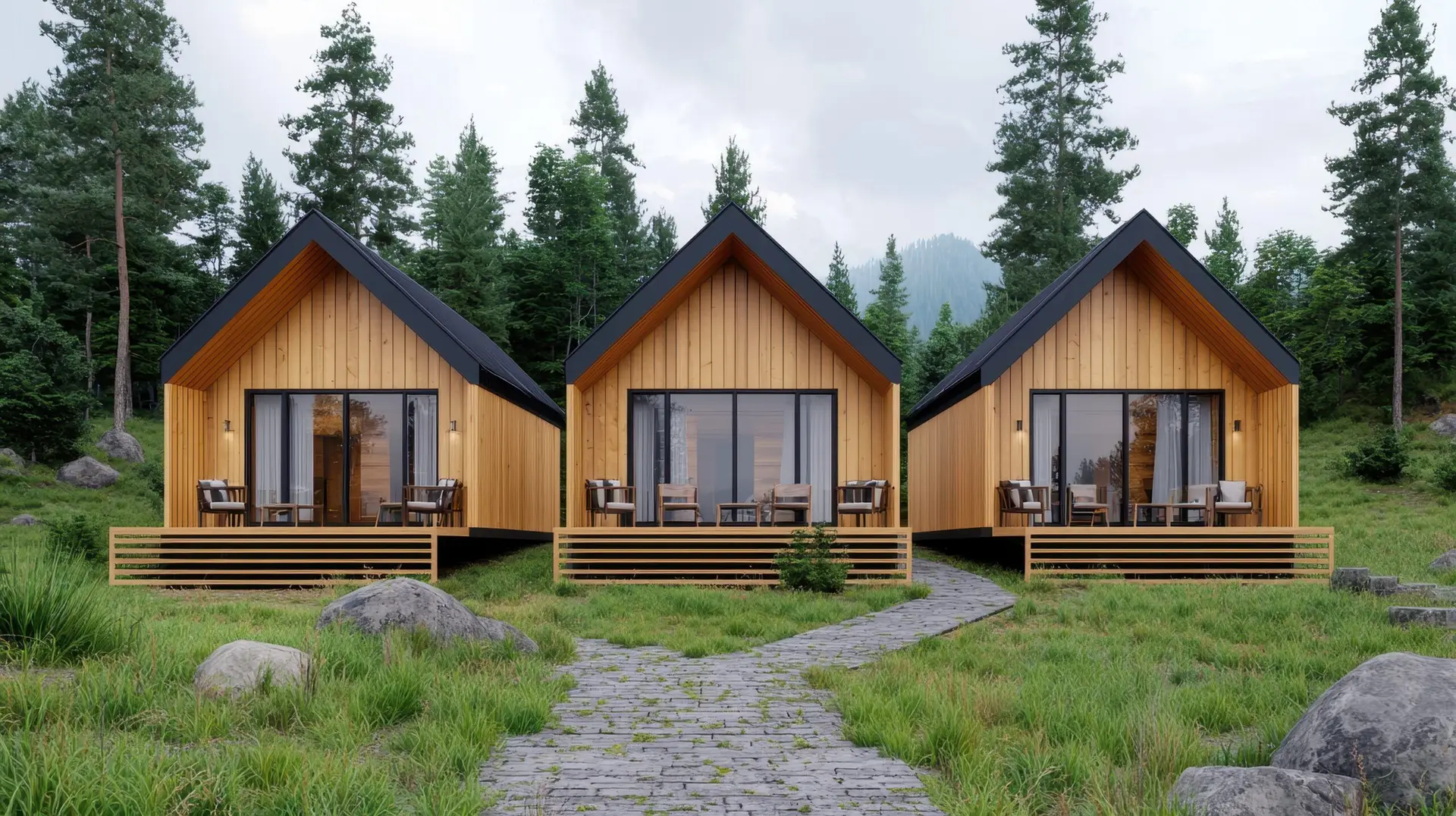 Three modern wooden cabins in a forest setting. Concept of vacation rentals, eco tourism, and modern architecture.