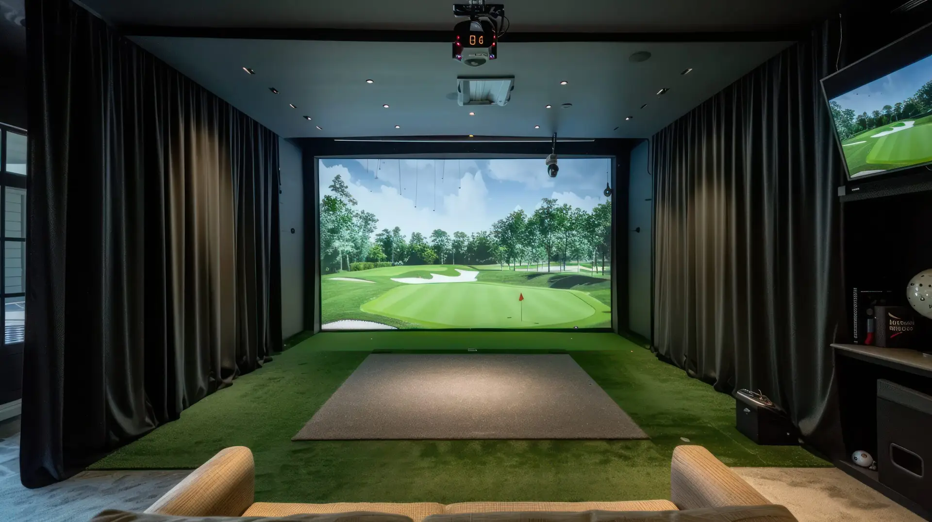 Golf simulator cabin with fully finished interior and hitting mat